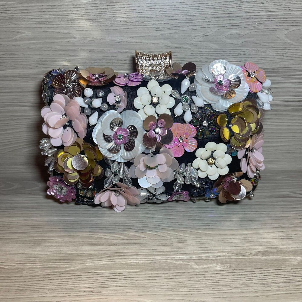 Black Satin Clutch with 3D Flowers